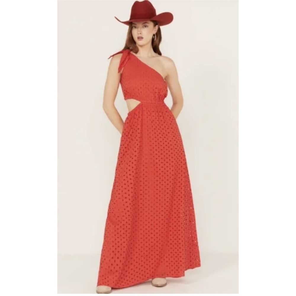 Show Me Your Mumu Red Eyelet Maxi Dress One Shoulder Cutout Boho Medium